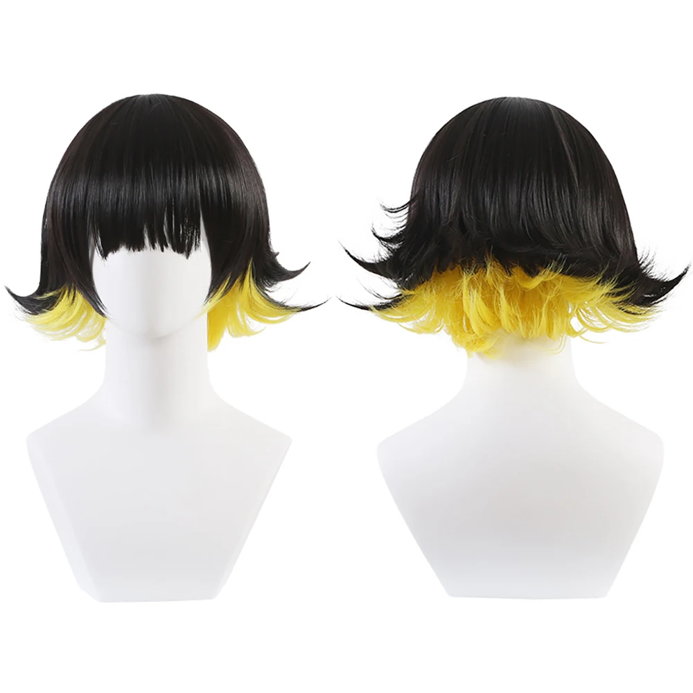 Bachira Meguru Cosplay Wigs Black Yellow Gradient Short Curly Wig Heat Resistant Synthetic Anime Wig For Halloween Costume Party