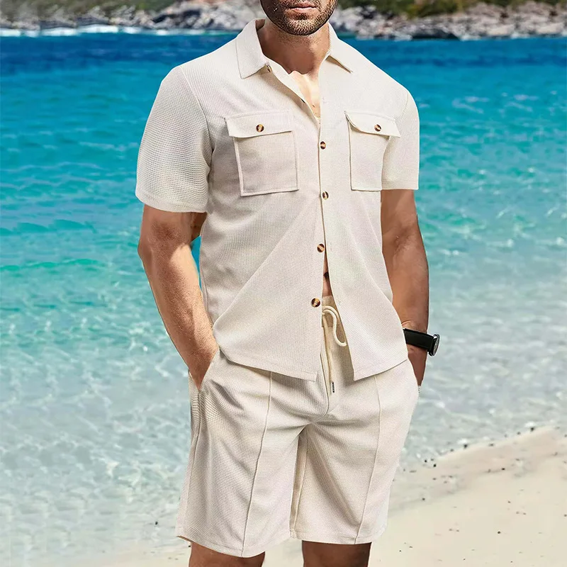

Men's Beachwear Two-piece Set Waffle Texture Cuban Collar Short Sleeve Shirt Drawstring Shorts Chest Pocket Relaxed Summer Outfi