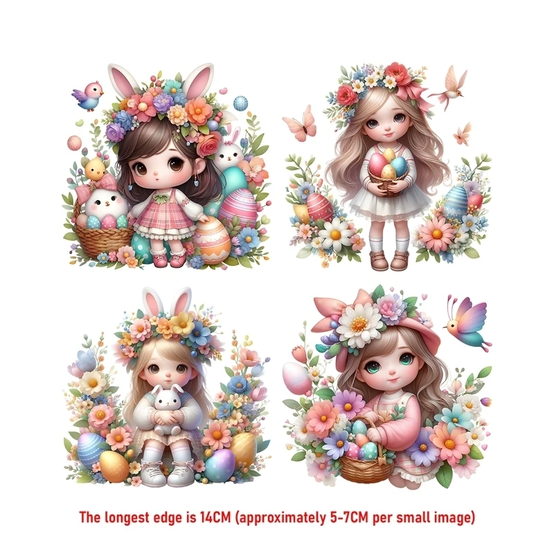 14 سنتيمتر دعوى الكرتون زهرة بيضة عيد الفصح فتاة الحديد على نقل الحرارة ملصق للملابس Pinted الفينيل الحرارية قابل للغسل تي شيرت مائي