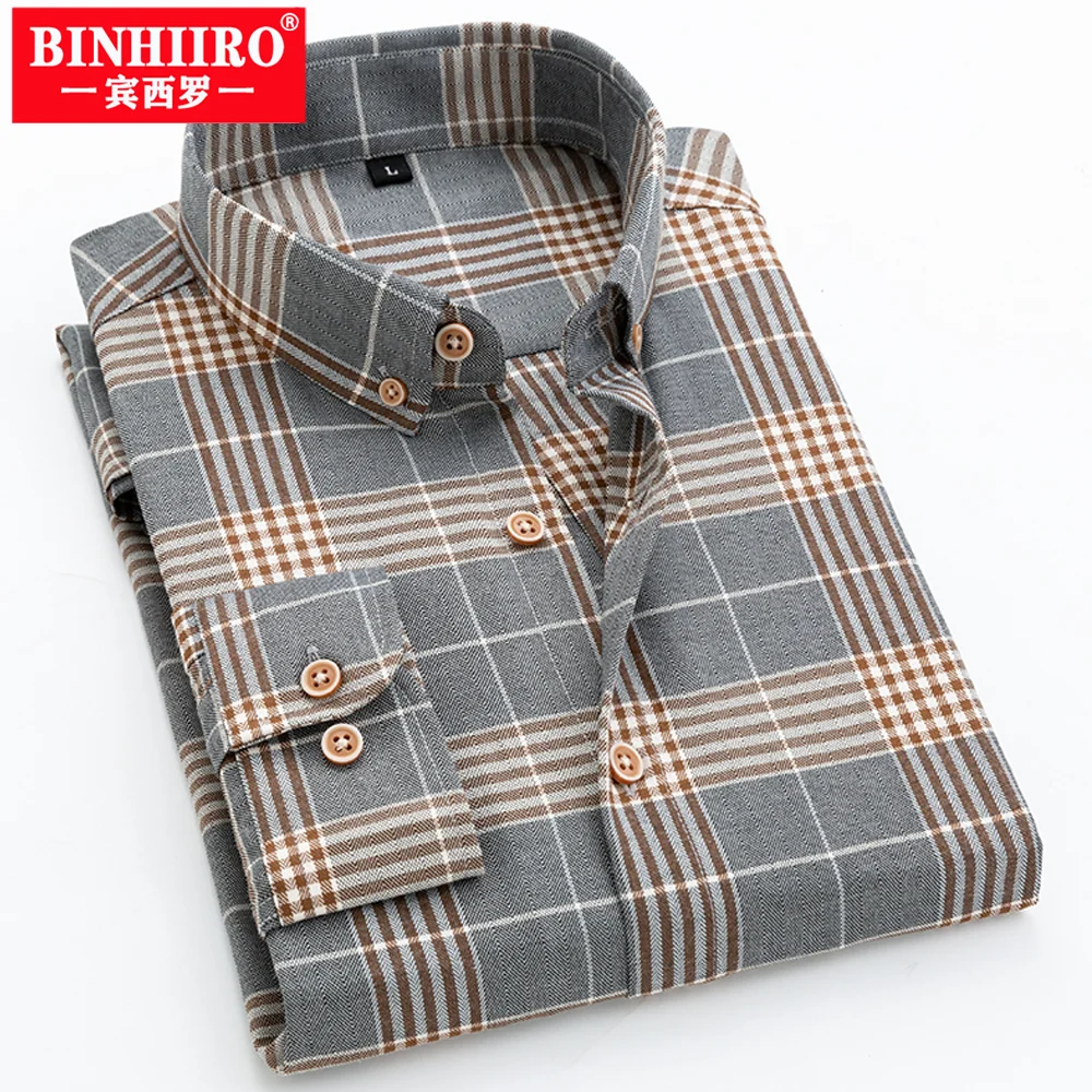 BINHIIRO Classic Men\'s Business Shirt Fashion Slim Plaid Single Pocket Lapel Long-sleeved Shirt Spring Autumn Men\'s Casual Shirt