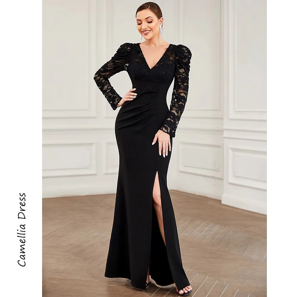 Vintage A Line Evening Dresses Simple Long Sleeve Party Dresses V Neck Lace Formal Dresses Vestidos De Fiesta فساتين السهرة