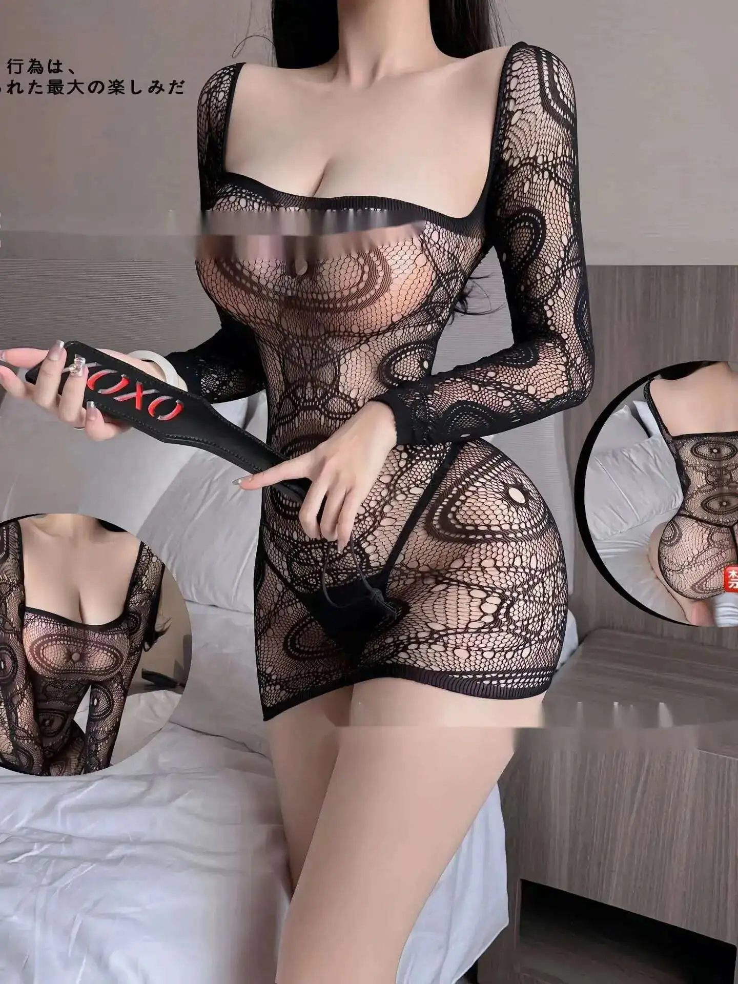 Calze a rete oversize sexy Avvolgimento sul petto Stampa a maniche lunghe Forza elastica Appare sottile abito corto avvolto sui fianchi neri 5ZG7