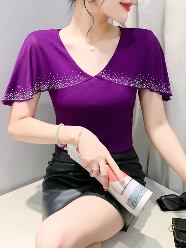 Real Photos Summer Top Women Patched Ruffles Short Sleeve Mesh V Neck High Stretch Slim T-shirts Female Diamonds Tees