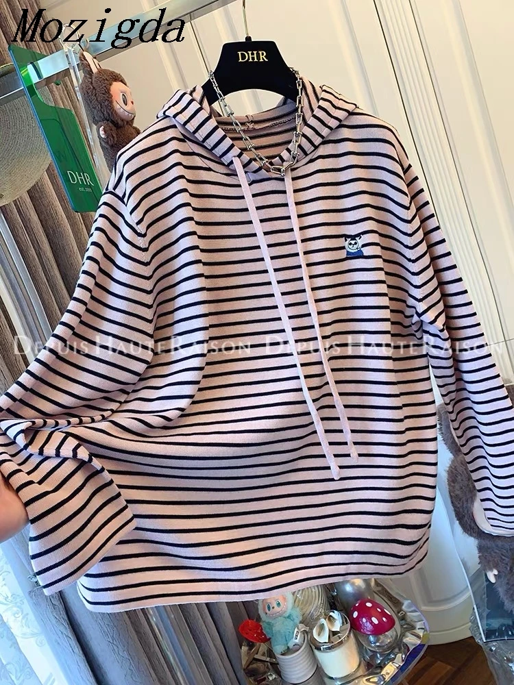 

Autumn Oversize Loose Retro Striped Hoodies Women Streetwear Long Sleeve Sweatshirts lPockets Embroidery Female Ladies Tops