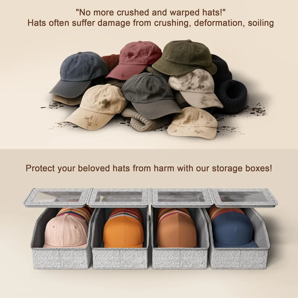 صندوق تخزين القبعة متعدد الوظائف لـ 48 قبعة بيسبول، رمادي مع نافذة شفافة وسحاب