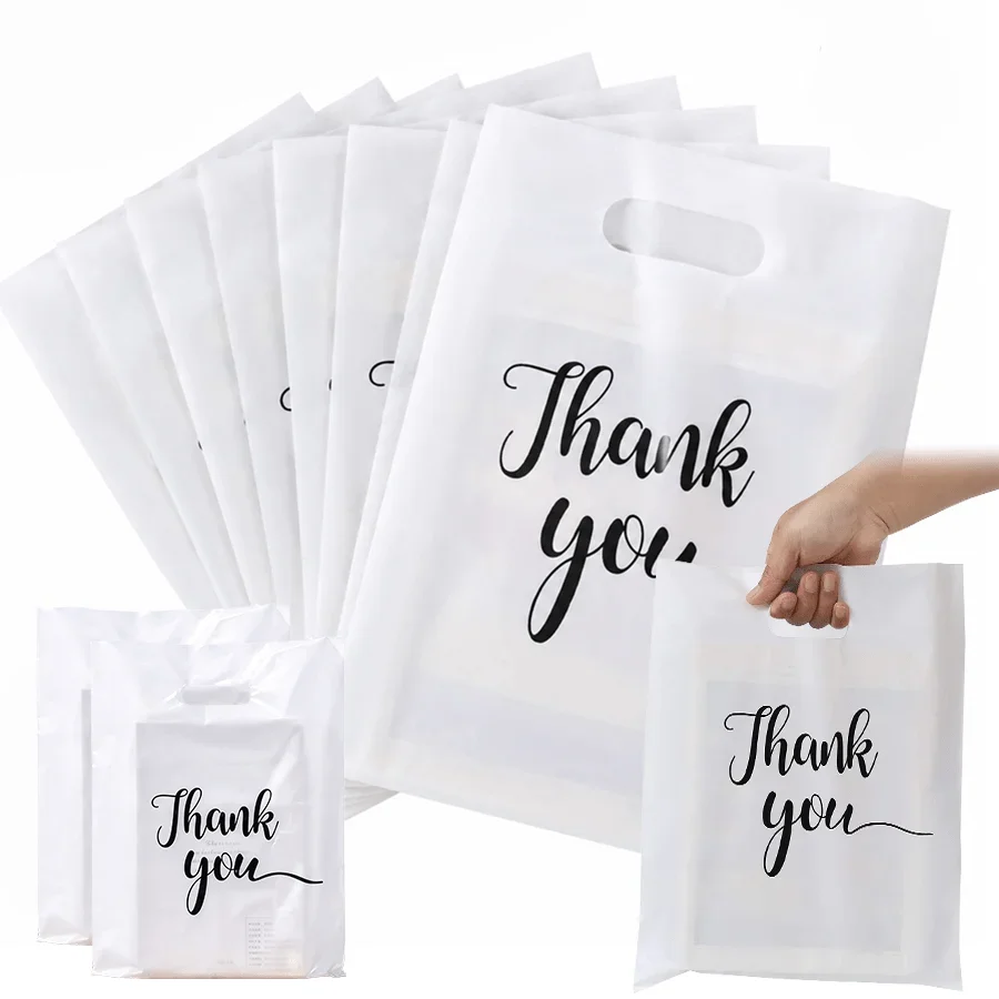20/50/120pcs Thank You White Plastic Handheld Bags Durable Die-Cut Handle Retail Gift Pouches for Wedding Party Store XJM