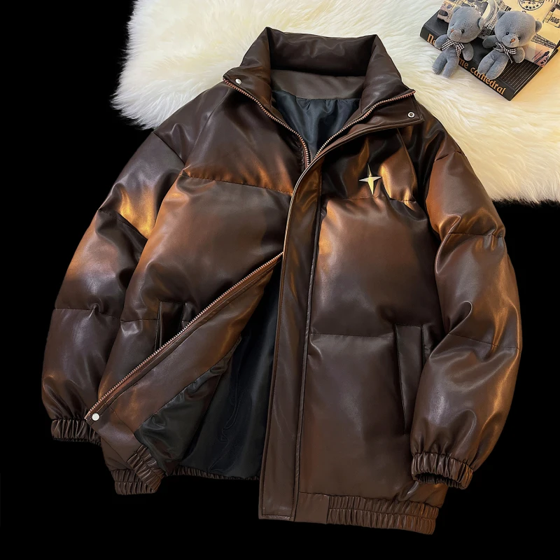 

Streetwear Fashion Stand Collar Winter PU Leather Jacket for Men Casual Metal Star Patch Desgin Cotton Winter Coat Men Clothing