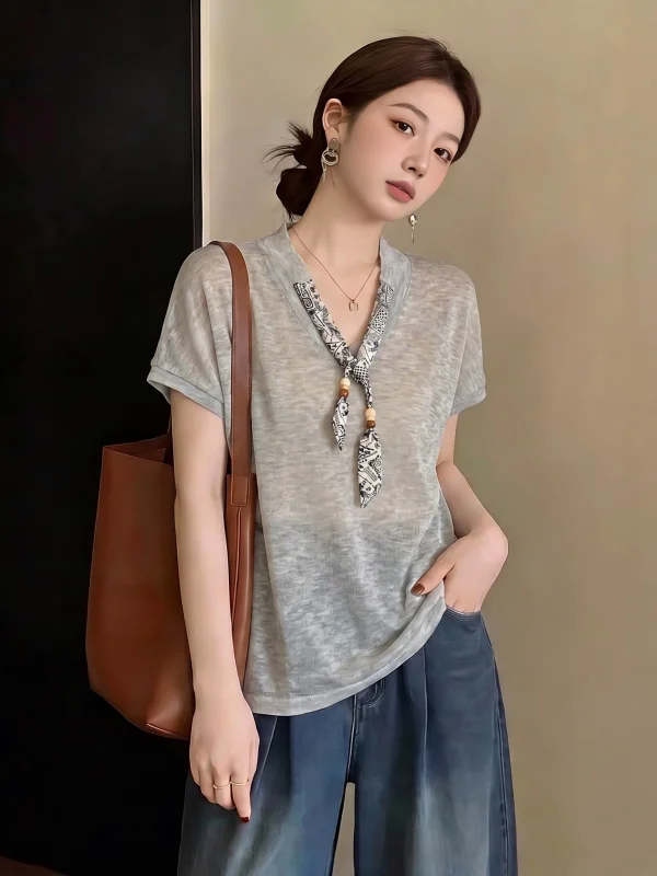ドーパミンイエロー竹綿 V ネック半袖 Tシャツ女性の夏の新 - Silk Neck Scarf のレビューと価格