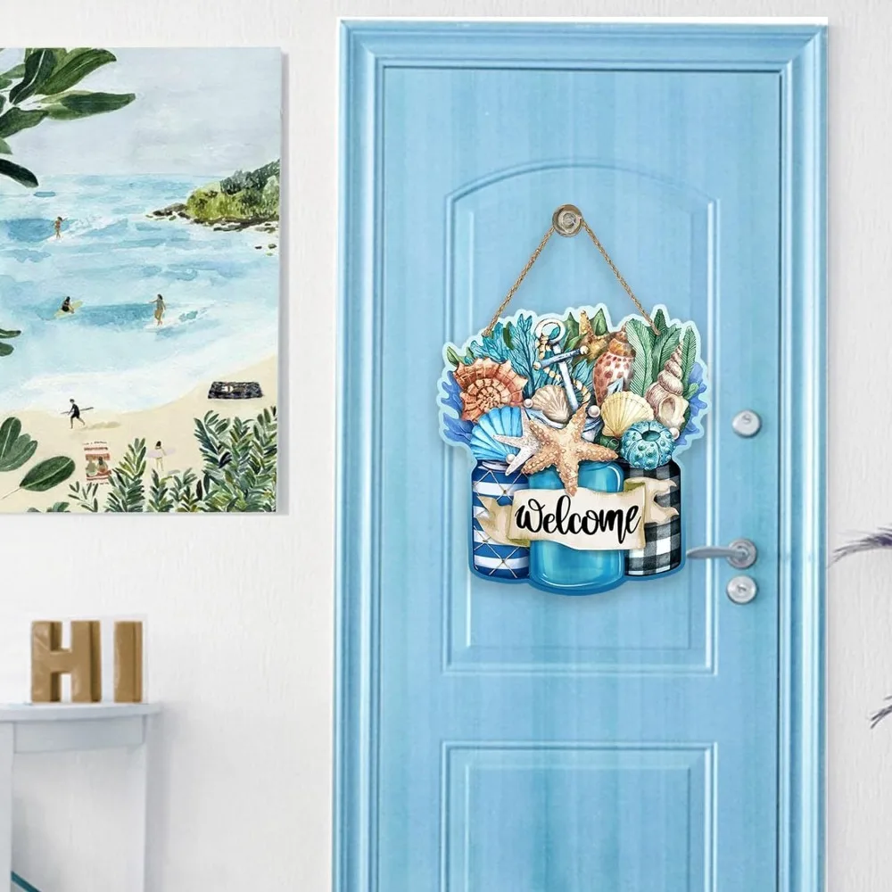 

Ocean Theme Summer Welcome Wall Ornaments Wall Art 2D Wooden English Letter Signs Decorative Beach Shells Hanging Signs