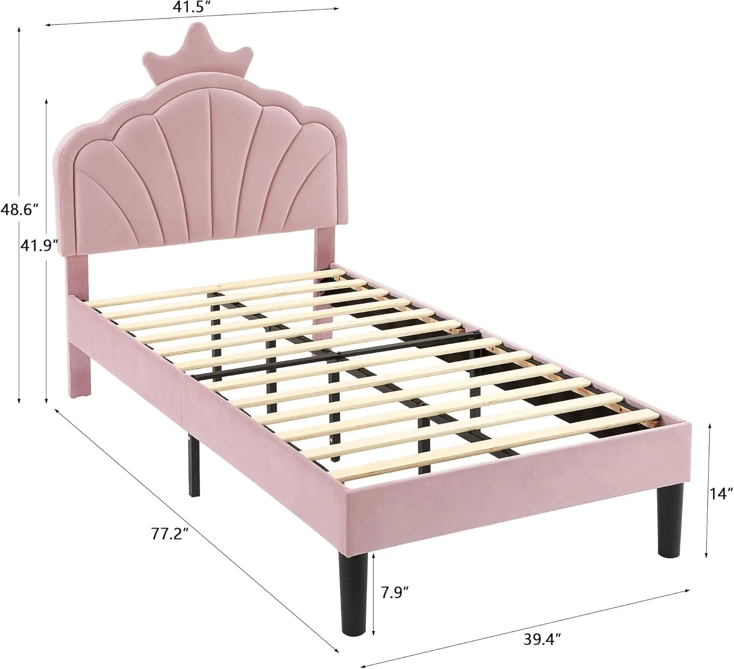 Twinsize bedframe gestoffeerd met hoofdeinde, sterk platform met kroon voor kindermeisjes, houten lattenbodem, geen box S