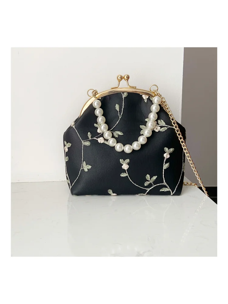 Chinese Style Retro Elegant Cheongsam Girls Pearl Handbag Gentle Exquisite Embroidery Vine Flower Date Afternoon Tea Lady Bag