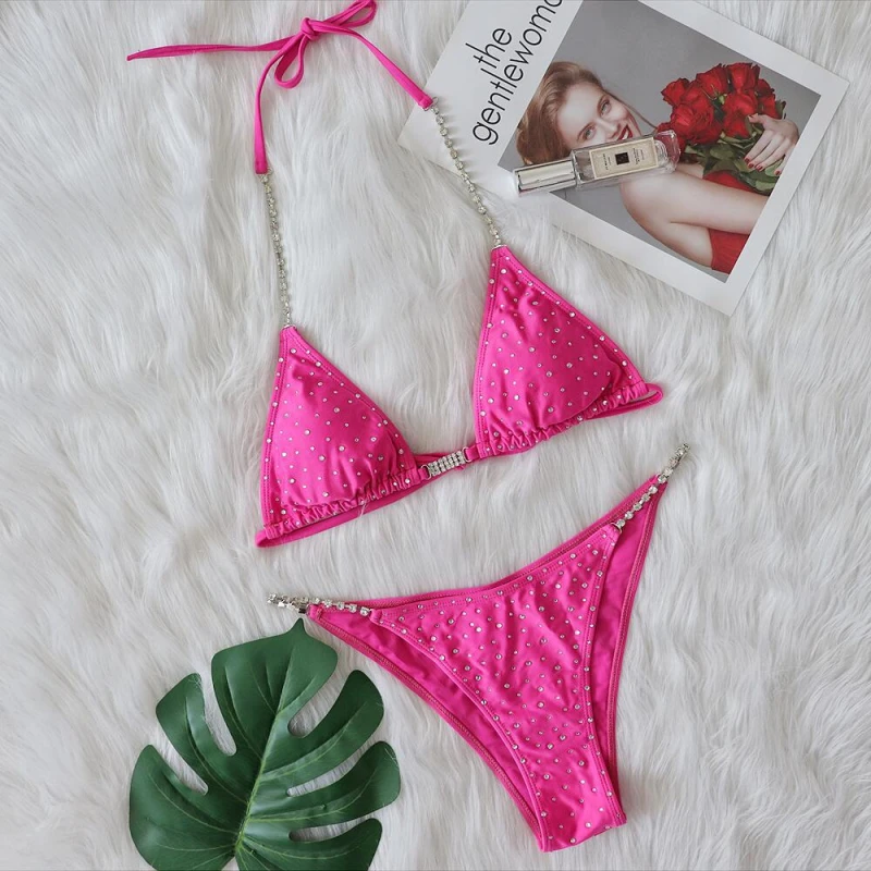 

Sexy crystal diamond chain two-piece bikini WOMEN'S swimsuit solid color tie swimsuit bikini