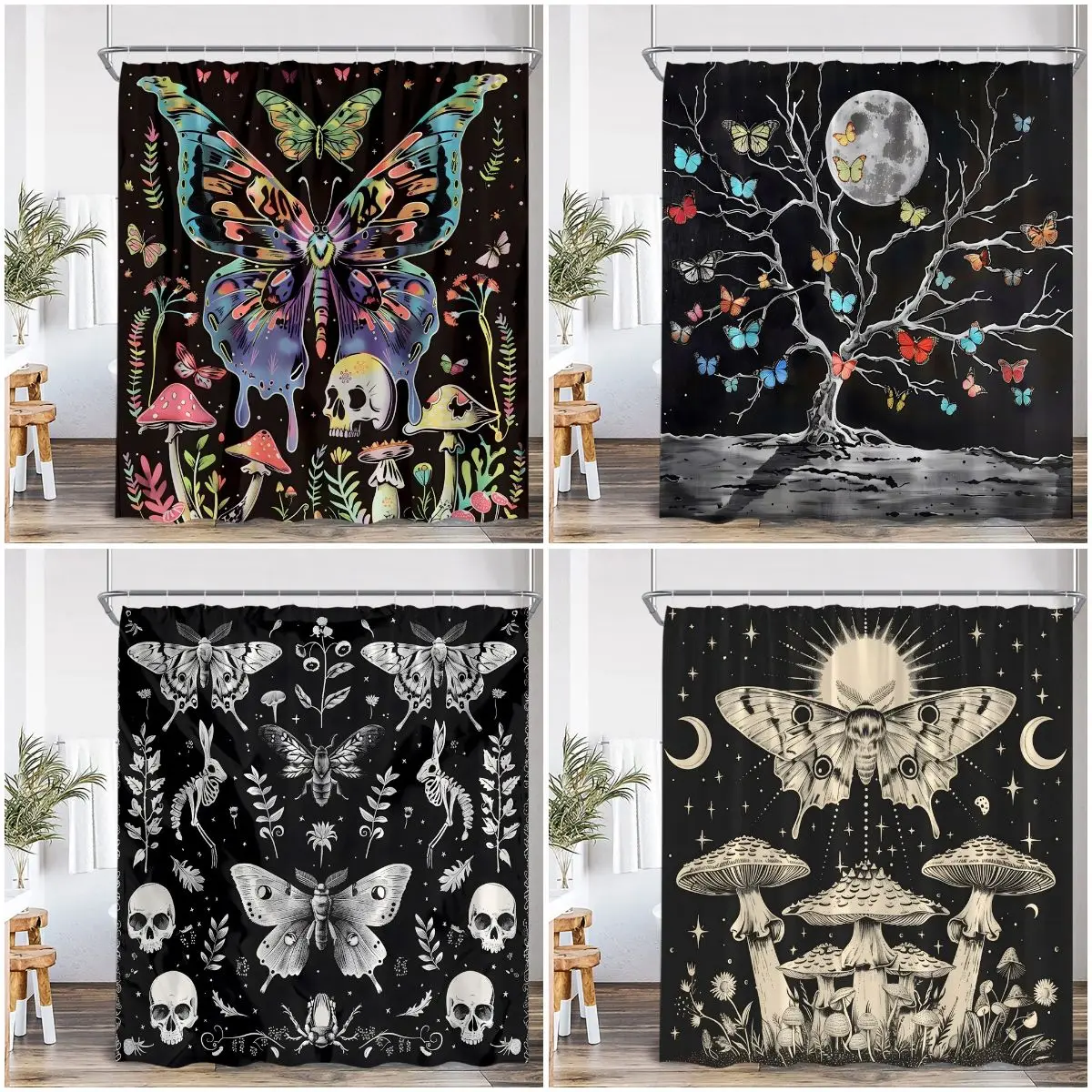 Halloween Shower Curtain Vintage Trippy Butterfly Astrology Witch Wizard Bathroom Decorations Retro Bathtub Curtains