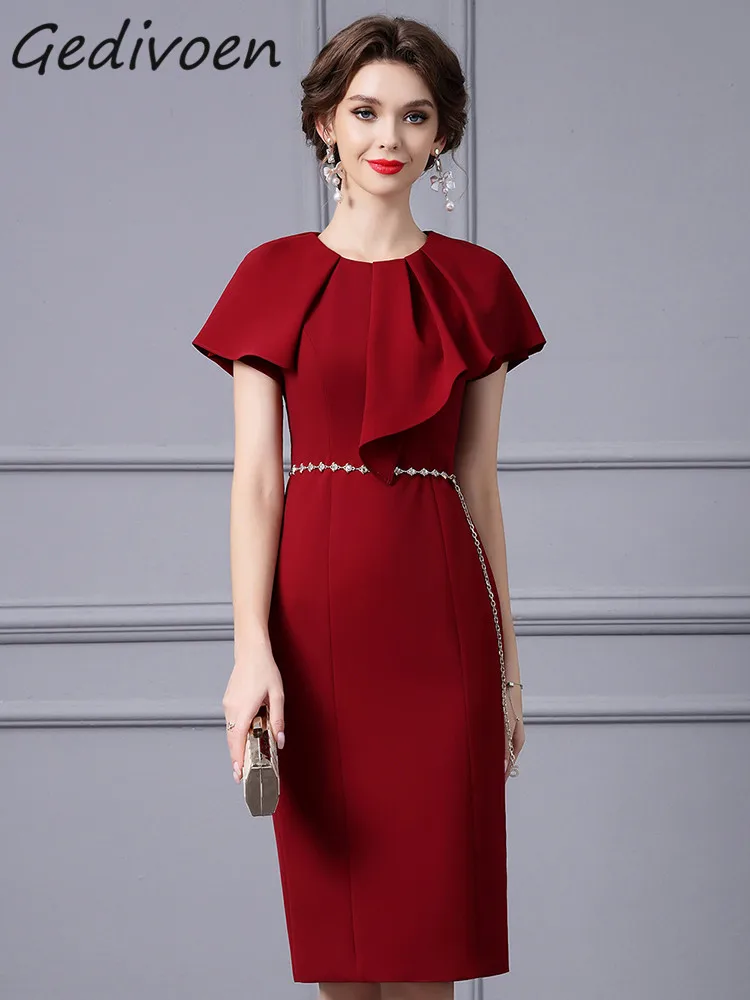 

Gedivoen Summer Fashion Runway Red Vintage Temperament Dress Women O Neck Ruffles Diamond Package Buttocks Slit Slim Midi Dress