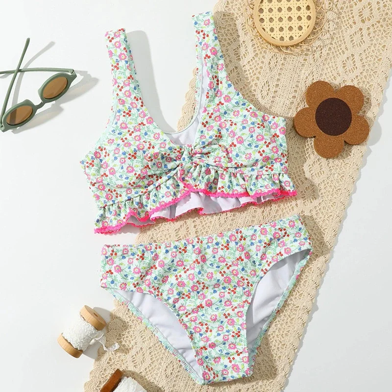 2025 Summer Swimwear Girls Floral Swimsuit Kids Fashion Casual Split Swimwing Clothes Kids Sweet Bikini New Holiday Beachwear