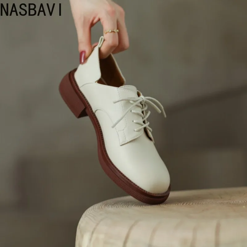 2026 Solid Color Office Shoes Lace Up Round Toe Soft Bottom Thick Heels Leisure Pumps Leather Comfortable Mid Heels Women Shoes
