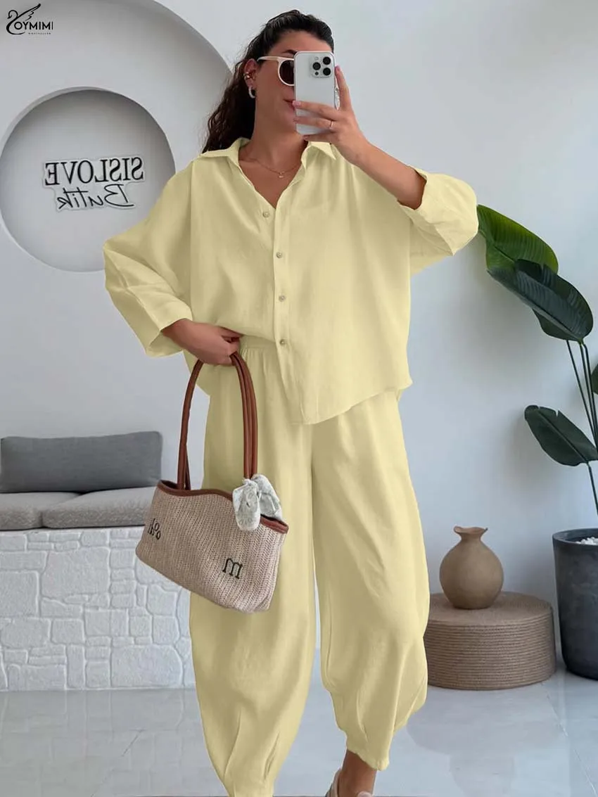 

Модные желтые хлопковые комплекты из двух предметов Oymimi, женские элегантные рубашки с длинными рукавами и пуговицами, комплекты брюк до щиколотки с высокой талией