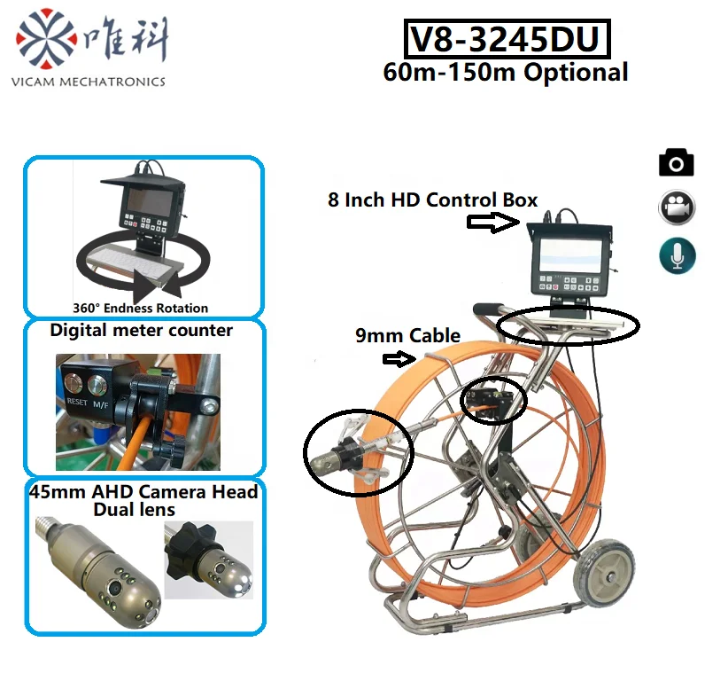 60m To 150m Waterproof Sewer Camera Pipe Inspection 45mm Dual Viewing Camera 360 Degree Pipe Inspection Camera V8-3245DU