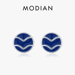MODIAN 925 Sterling Silver Vintage Charming Blue Enamel Ripple Badge Stud Earrings For Women Fine Jewelry Accessories