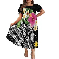 2024 Summer New Design Mumu Women'S Square Neck Dress Polynesian Tribe Designed Hawaiian Fashion Floral Print Dress