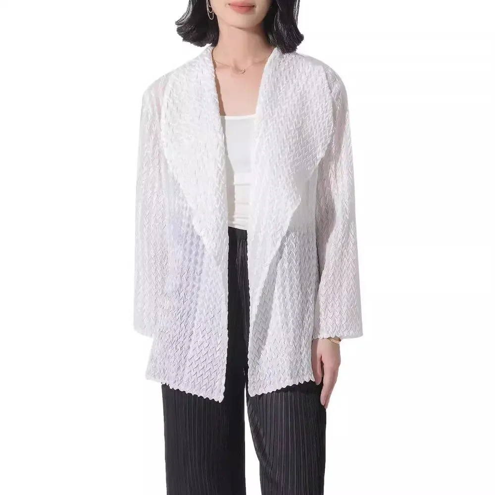 Miyake-Chaqueta de blusa elevada de tono puro para mujer, lujosa chaqueta con volantes y cuello vuelto, ropa de abrigo versátil y elegante, relajada y sin esfuerzo