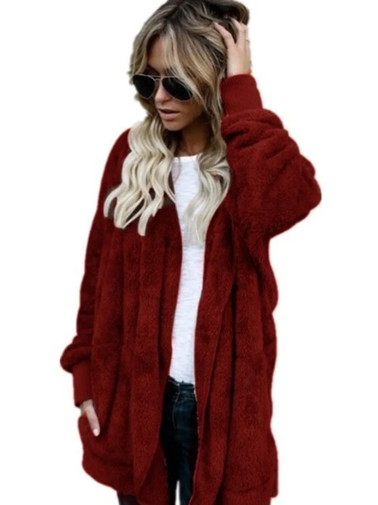 Kobiety 2023 jesienno-zimowa ciepła miękka długa futrzana kurtka odzież wierzchnia pluszowy płaszcz sweter bez guzików z kapturem płaszcze z piór