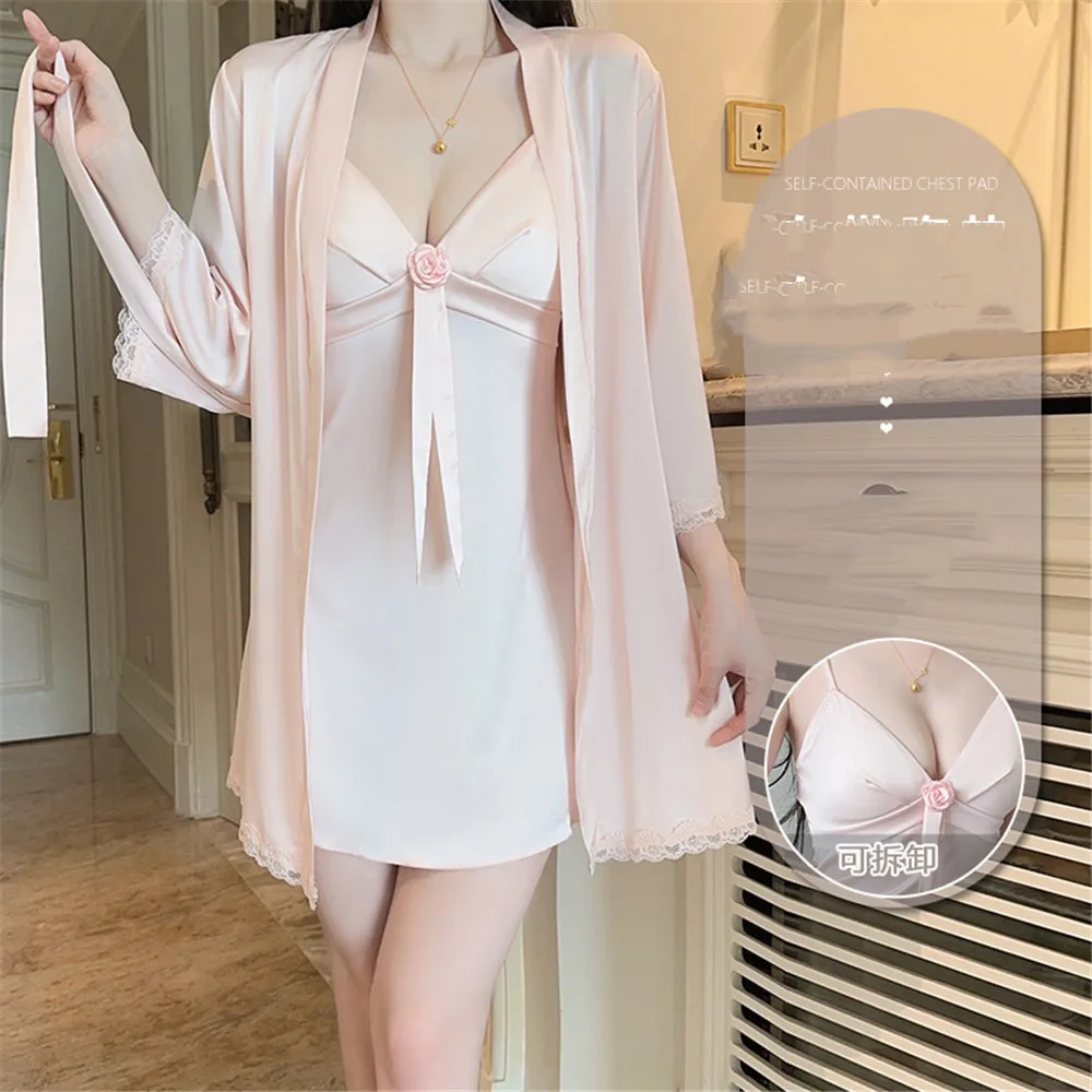 

Sexy Twinset Robe Set Applique Nightgown Women Nightwear Summer Silk Satin Home Dress Sleepwear Loose Lounge Wear Lingerie