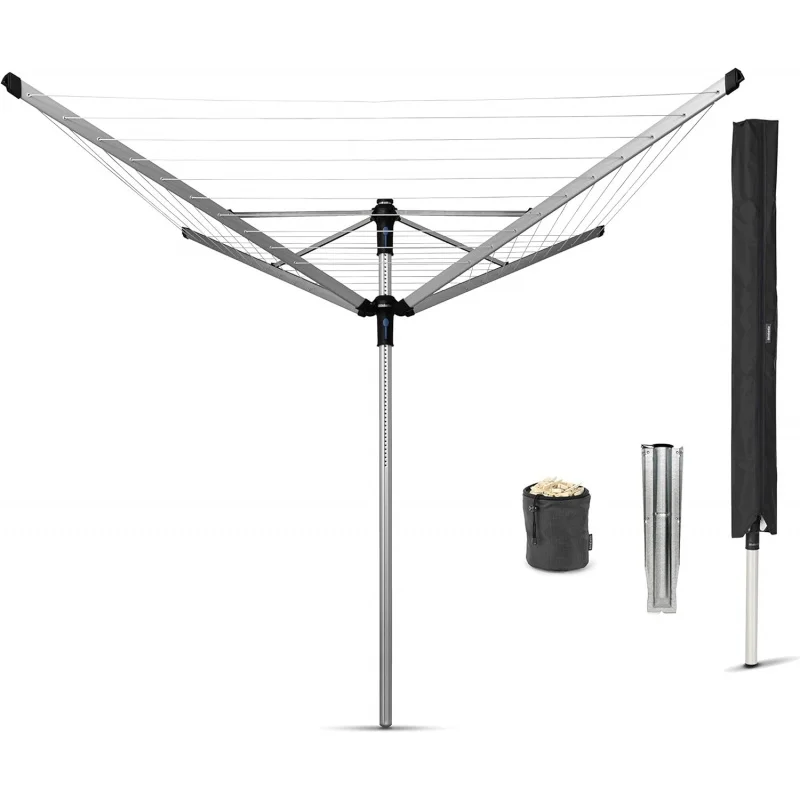 

Gray 4-Arm Outdoor Clothesline, 164ft x 1.97, Height Adjustable Folding Drying Rack/ Ground Spike, Cover & Clothespins Bag, R