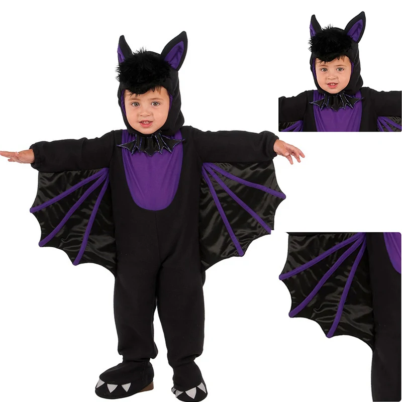 Costume de chauve-souris Bitty pour enfants, robe de paupières animal mignon, combinaison à capuche pour tout-petits, costume d'Halloween pour enfants, noir