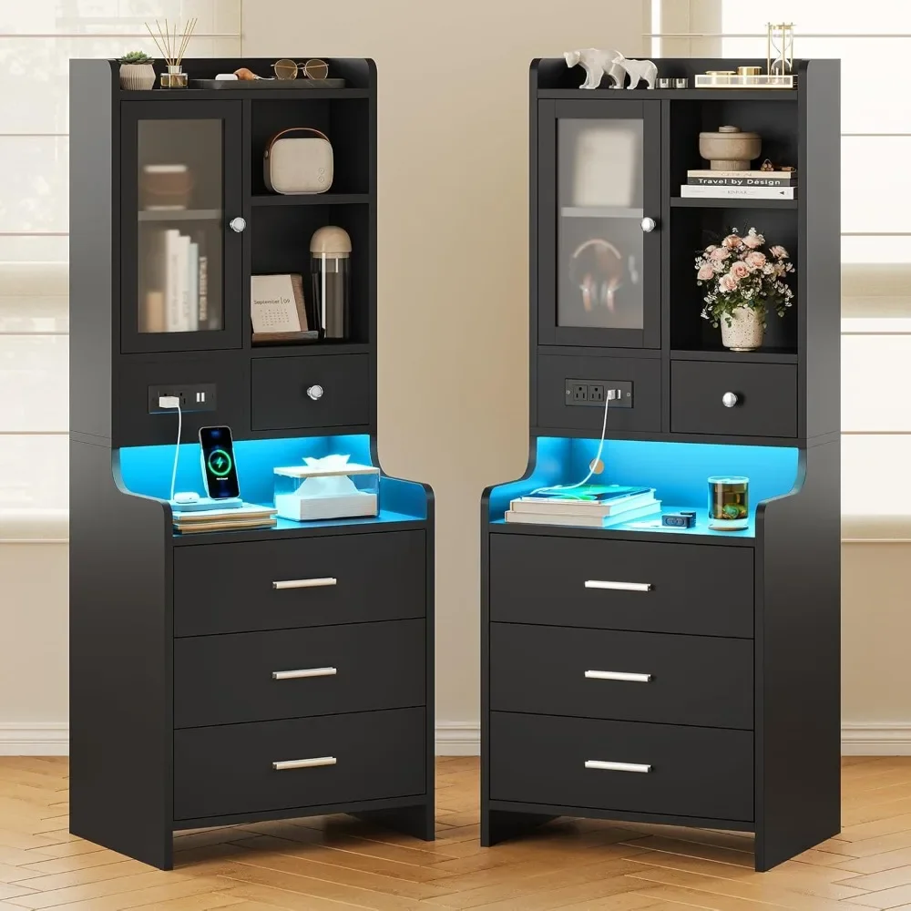 

Black Night Stand Set with Charging Station,49.2" LED Nightstand for Bedroom,Tall Bedside Table with Bookshelf and Drawers