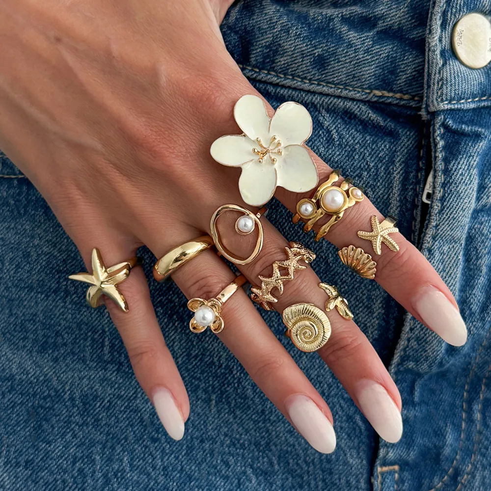 Ingemark 9Pcs Boho Imitation Pearl Flower Open Ring Set Women Ocean Style Starfish Conch Adjustable Ring Summer Vacation Jewelry