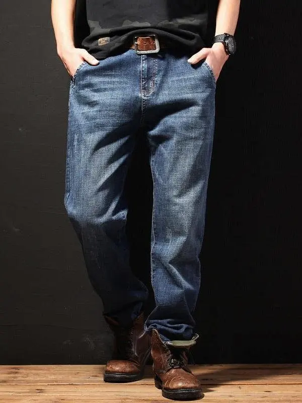 

Свободные прямые эластичные мужские джинсы больших размеров, удобные широкие брюки, модные повседневные джинсы больших размеров на все сезоны