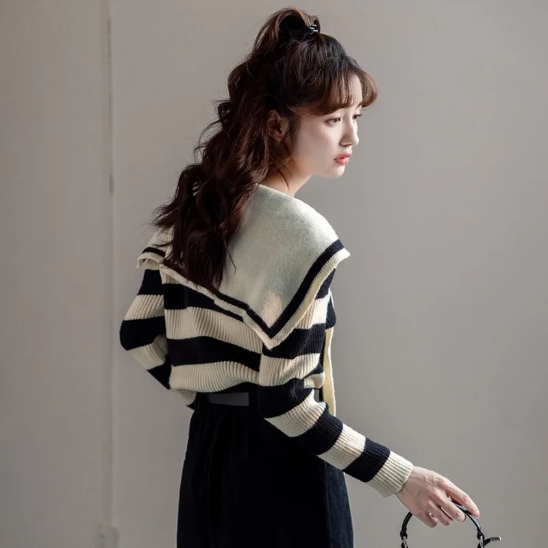 Women Striped Knitted Cardigan Office Lady Korean Fashion Long Sleeve Sailor Collar Basic Sweater Jumper Y2k Preppy Style Autumn