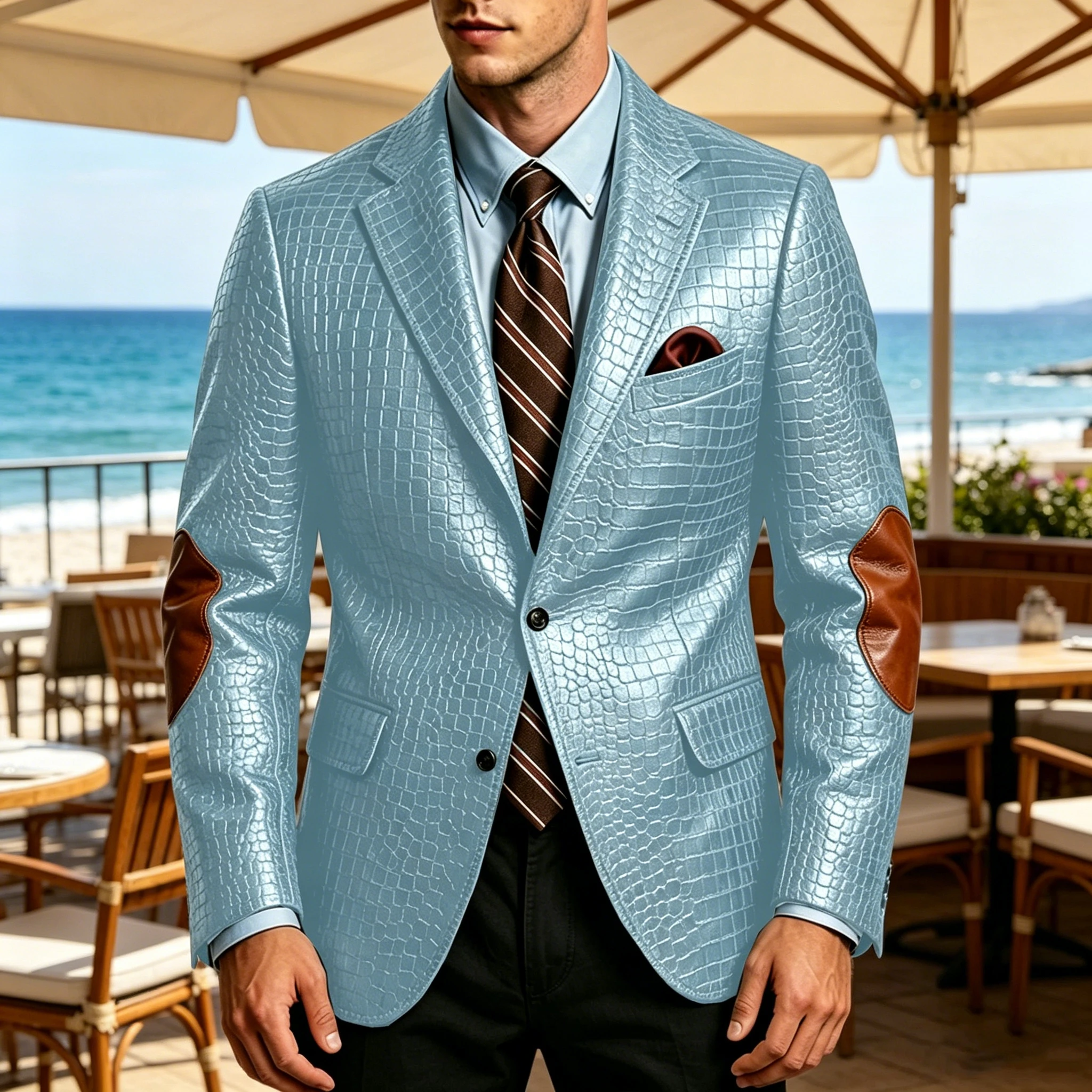 Vintage Men's Crocodile Blazer with Elbow Patches Faux Leather Slim Fit Formal Casual Business Suit Jacket for Wedding Party