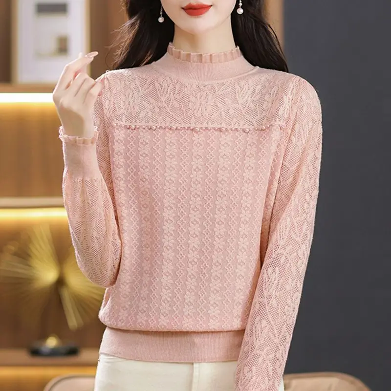 Spring Autumn Solid Half High Collar Long Sleeve Pullovers Women\'s Clothing Embroidered Flares Lace Hollow Out Bottoming Shirt