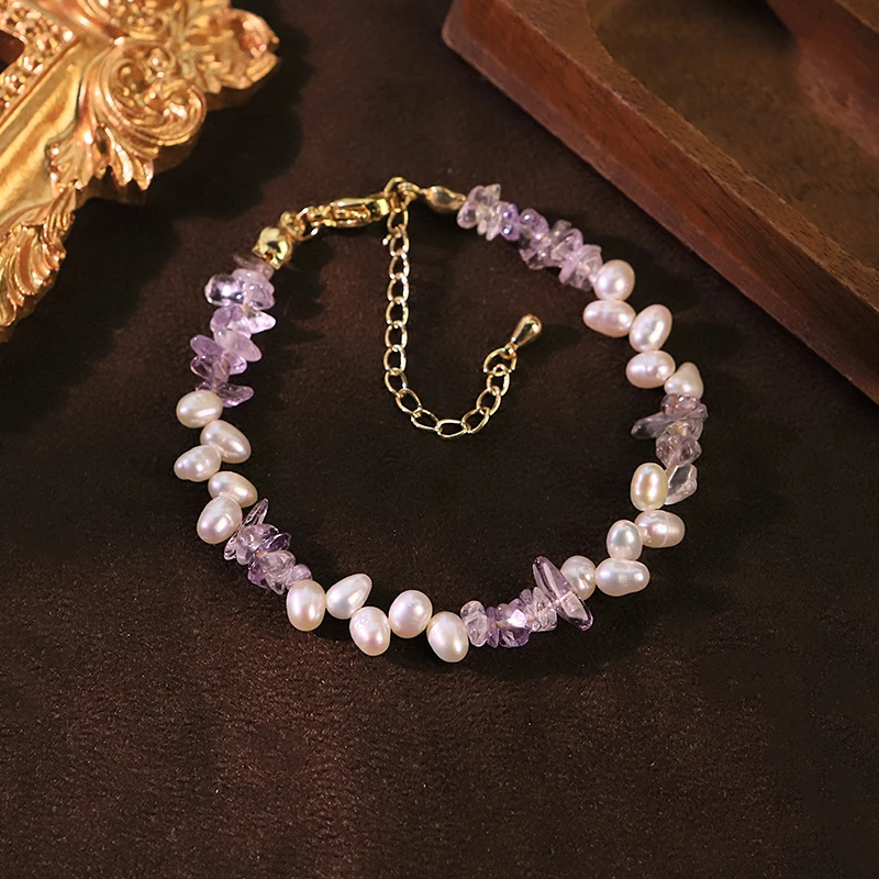 

Natural Freshwater Pearl Amethyst Chip Bracelet for Women Daily Wear Valentine's Day Dainty Pearl Bracelet Fashion Jewelry