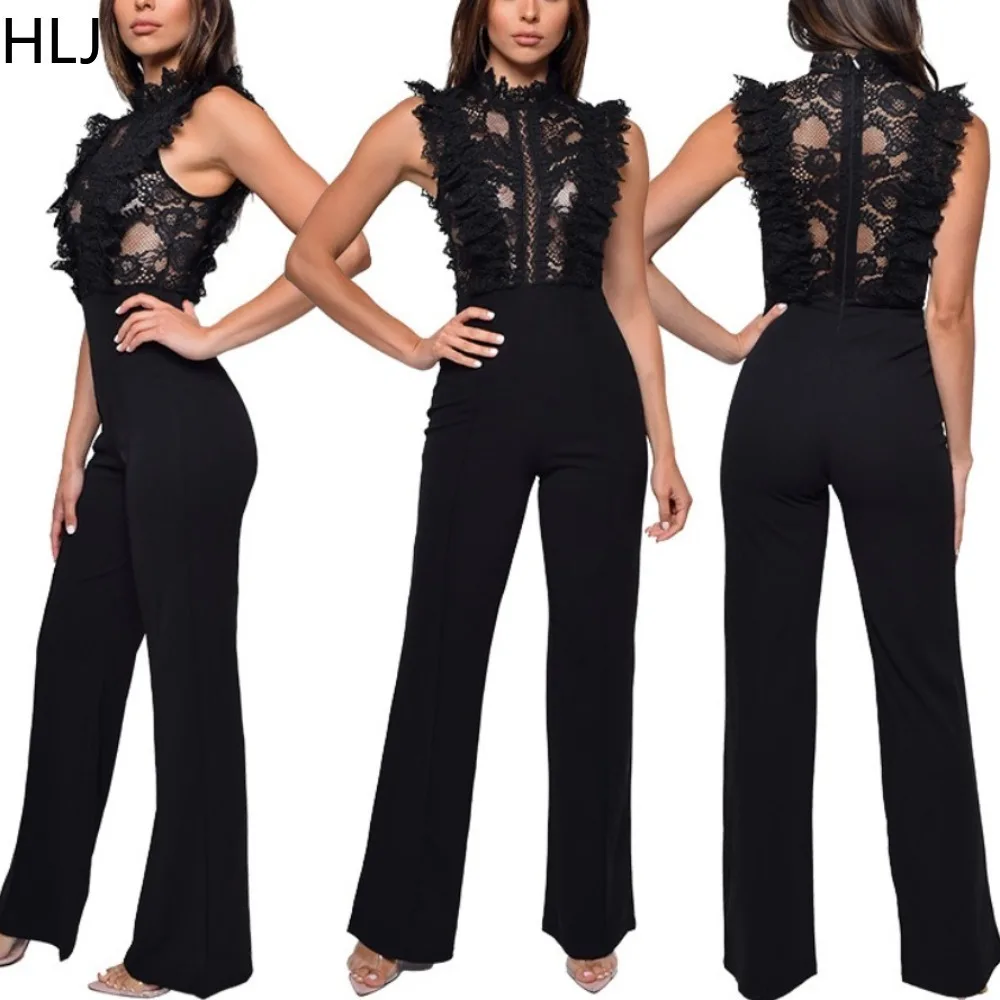 

HLJ Elegant Lady Lace Perspective Ruched Straight Jumpsuits Women Round Neck Sleeveless Slim Rompers Fashion Party Club Overalls