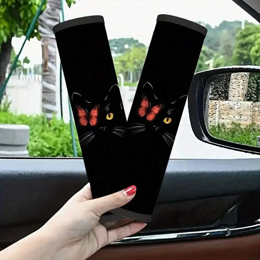 

2pcs Black Cat And Red Butterfly Car Seatbelt Protector Universal Polyester Cover