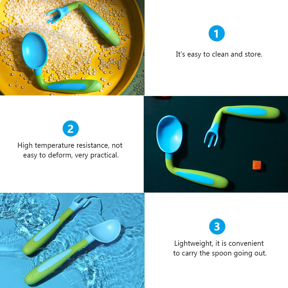 

1 set 1 Set Baby Utensils Spoon Fork Training Tableware For Kids Pp Tpe Lightweight High Temp Resistant 360° Bendable Easy Clean