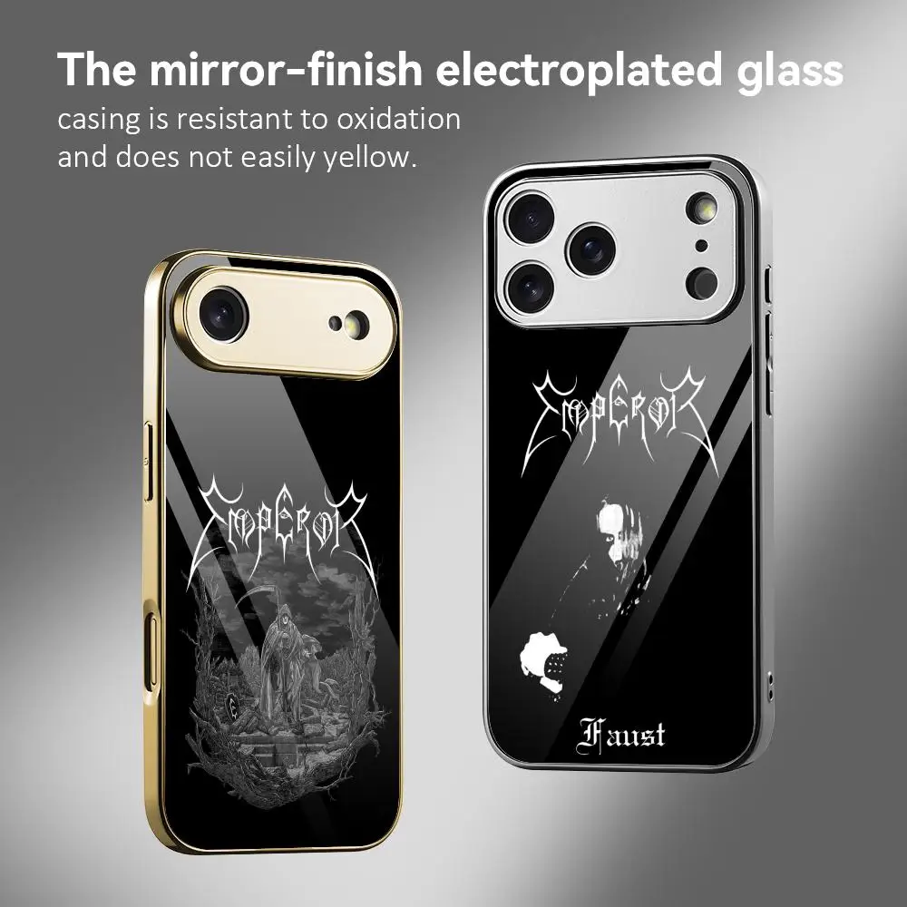 

E-EMPERORS LOGO Phone Case For IPhone 17 16 15 14 13 12 Pro Max Plus Electroplated Metal Bumper Case Tempered Glass Back
