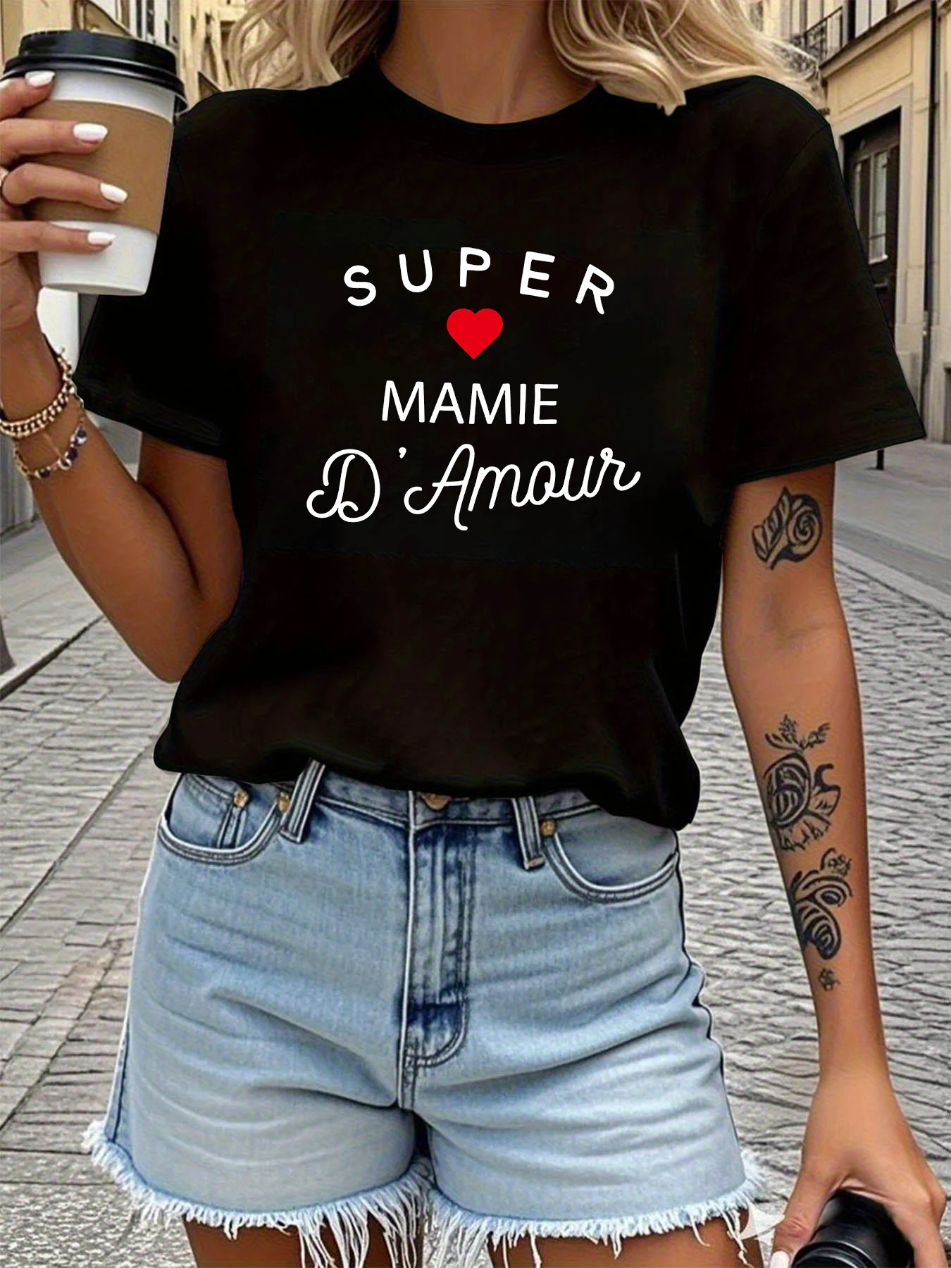 

Женская футболка с принтом SUPER MAMIE D`Amour, повседневный топ с короткими рукавами и круглым вырезом Family Love для лета и весны