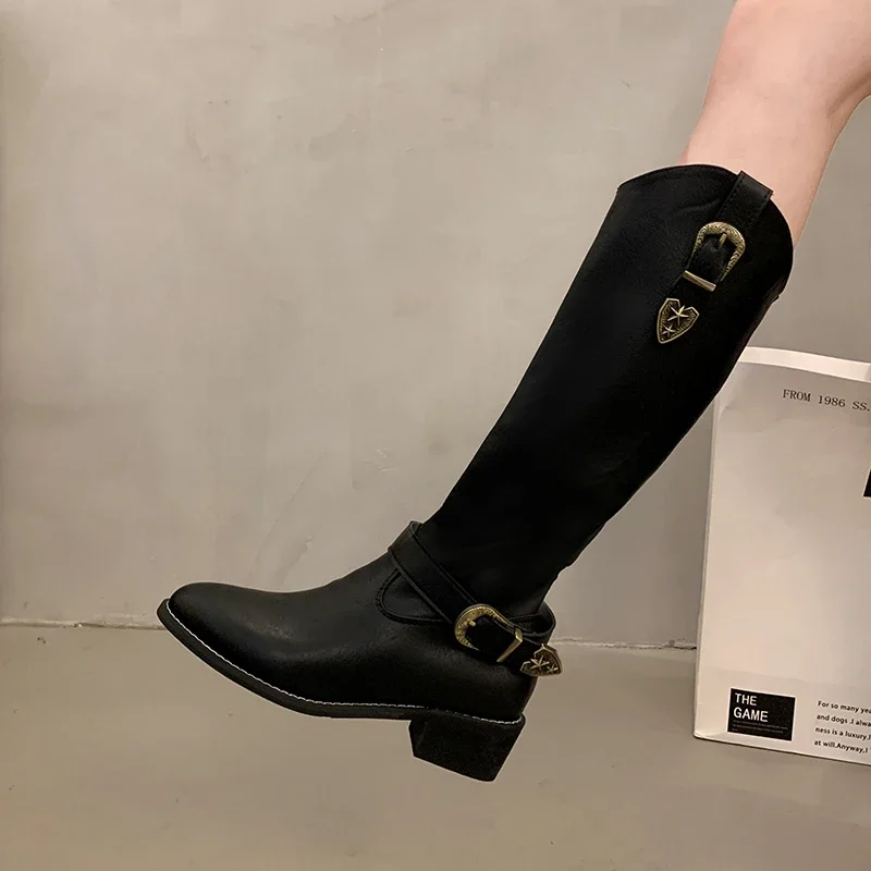 

Women's Shoes Promotion 2024 High-quality Women's Boots Winter Buckle Pointed Toe Solid Color High-top Thick Heel Knight Boots