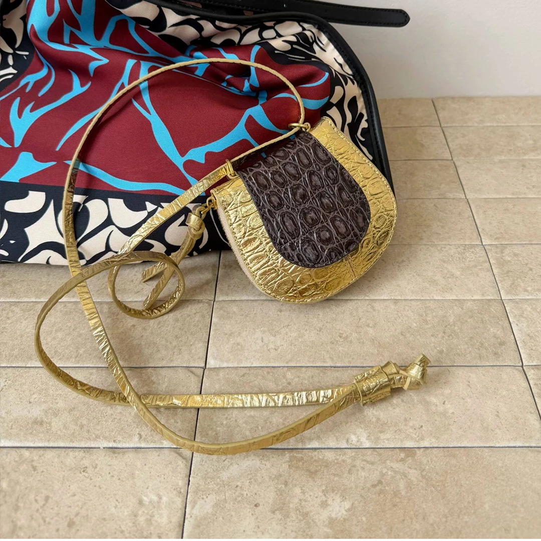 Mendy Gold Crocodile Embossed Saddle Bag Women Vintage Y2K Style Party Evening Luxury Designer Minimalist Work Office Original