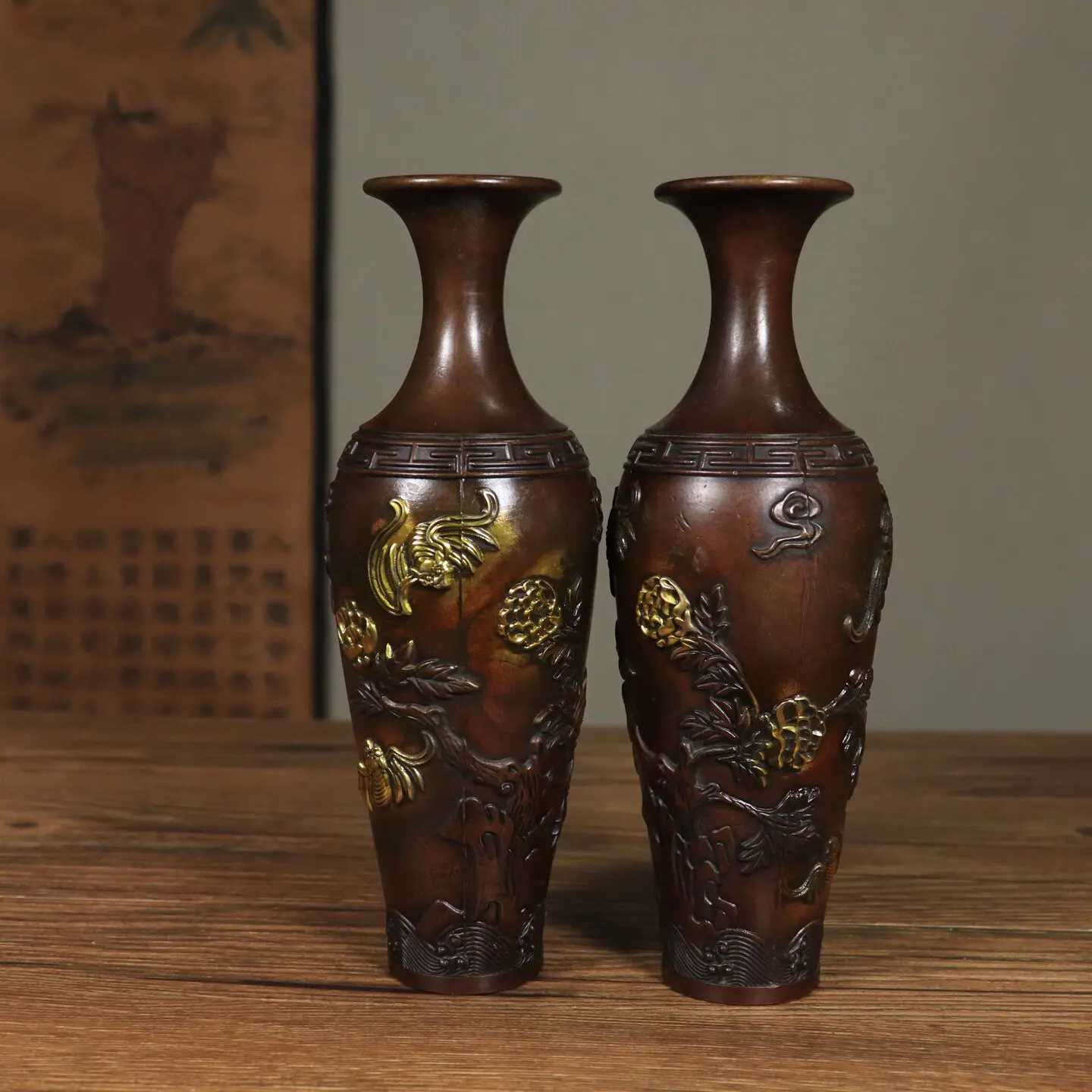 Antique Solid Copper Fortune Vase Pair Chinese Traditional Home Decor For Living Room TV Cabinet Lucky Gift