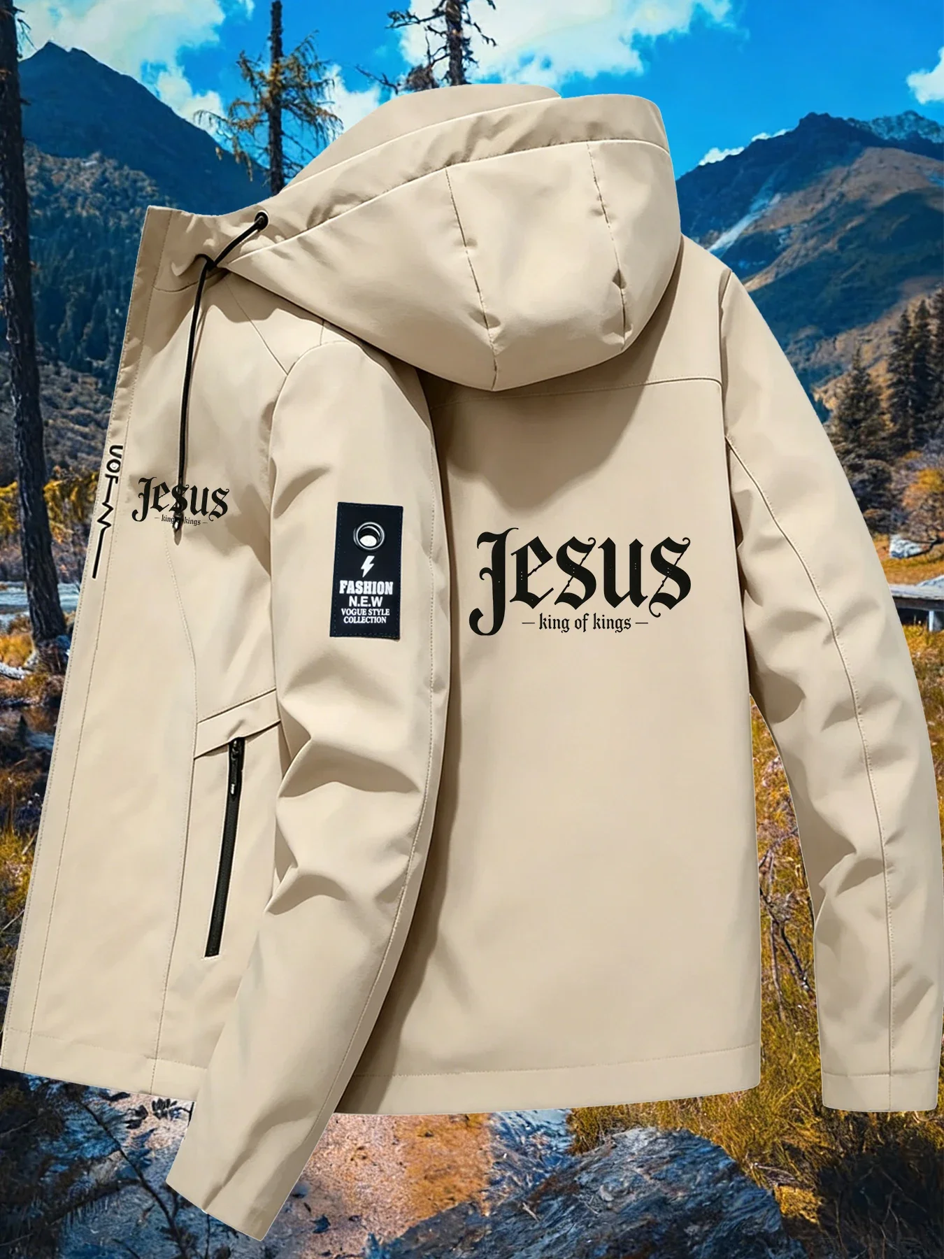 New Men's Gothic Font Print Hooded Jacket – Outdoor Hooded Windbreaker, Waterproof & Windproof, Spring/Autumn Workwear Coat