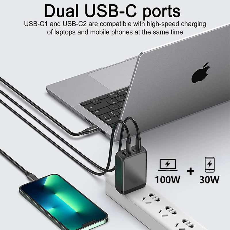 130W USB C GaN Wall Charger 4 Port PD 100W PPS 45W Super Fast Charging Station Type-C Laptop QC Power Adapter AC Cable