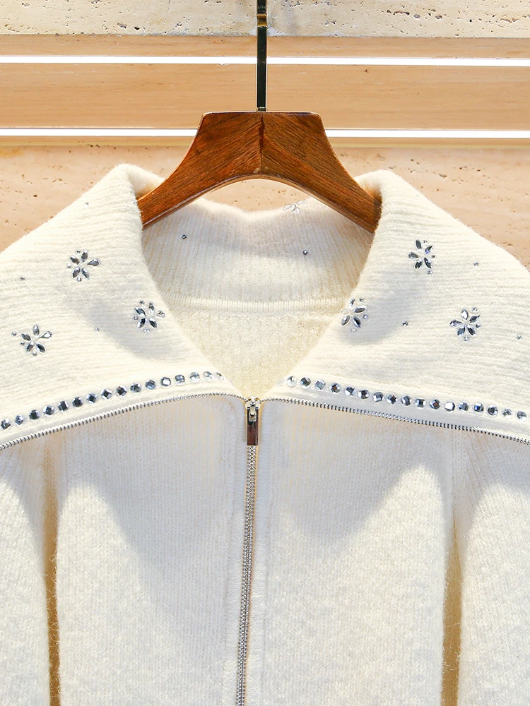 MIGII Casaco de Malha com Gola Azul Marinho de Alta Qualidade para o Inverno Moda Fena Estilo Universitário Simples Regul...