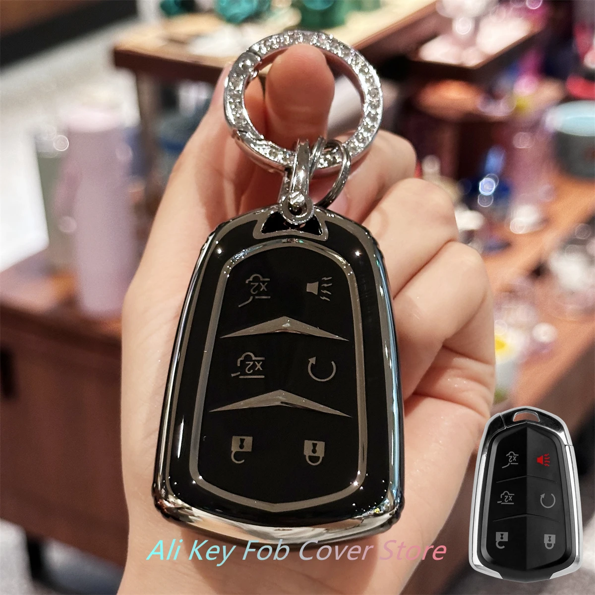 Key Fob Cover with Keyring Car Keychain For Cadillac Escalade ESV 2015 2016 2017 2018 2019 2020 Keyless Entry Remote Control