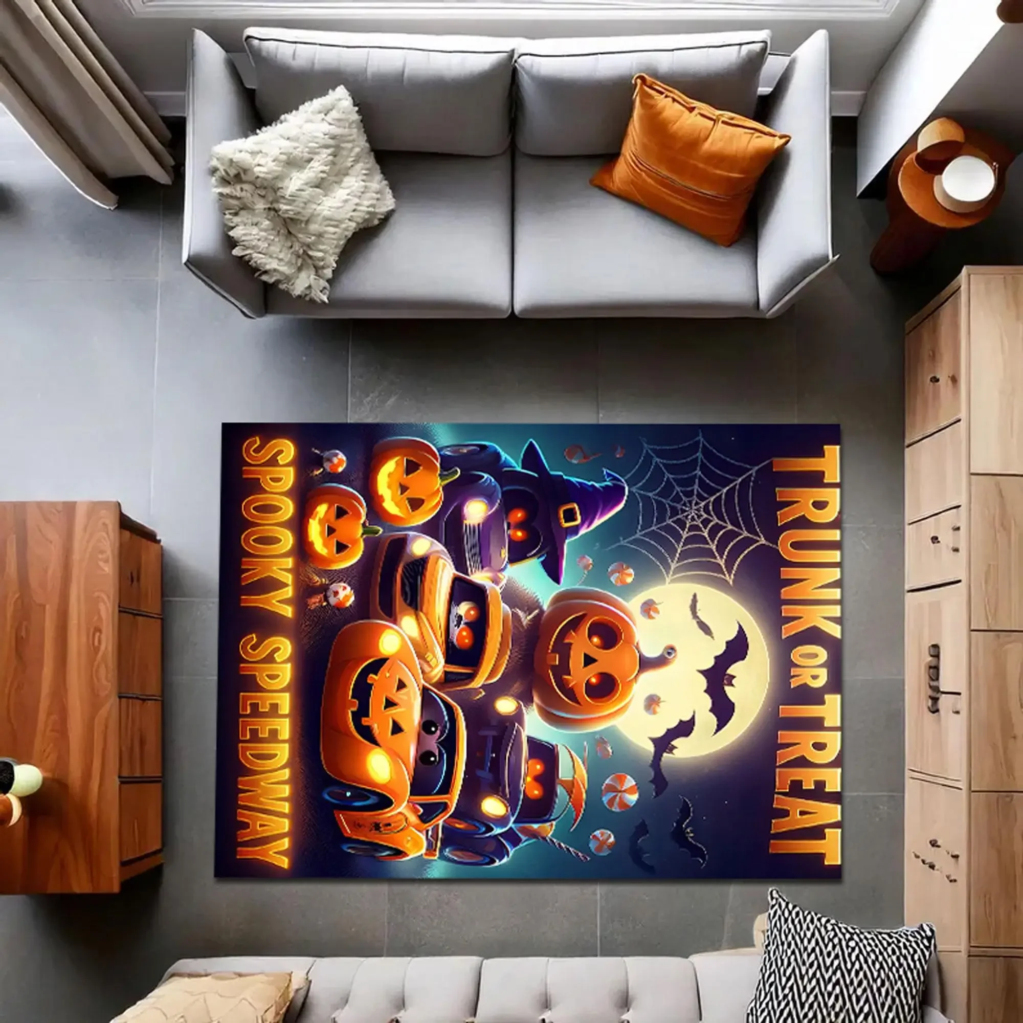Large Area Rug Upside Down Red-Eyed Bat Foil Golden Astrology Wheel Print Thorny Vine Pumpkin Brambles For Apartment Lounge