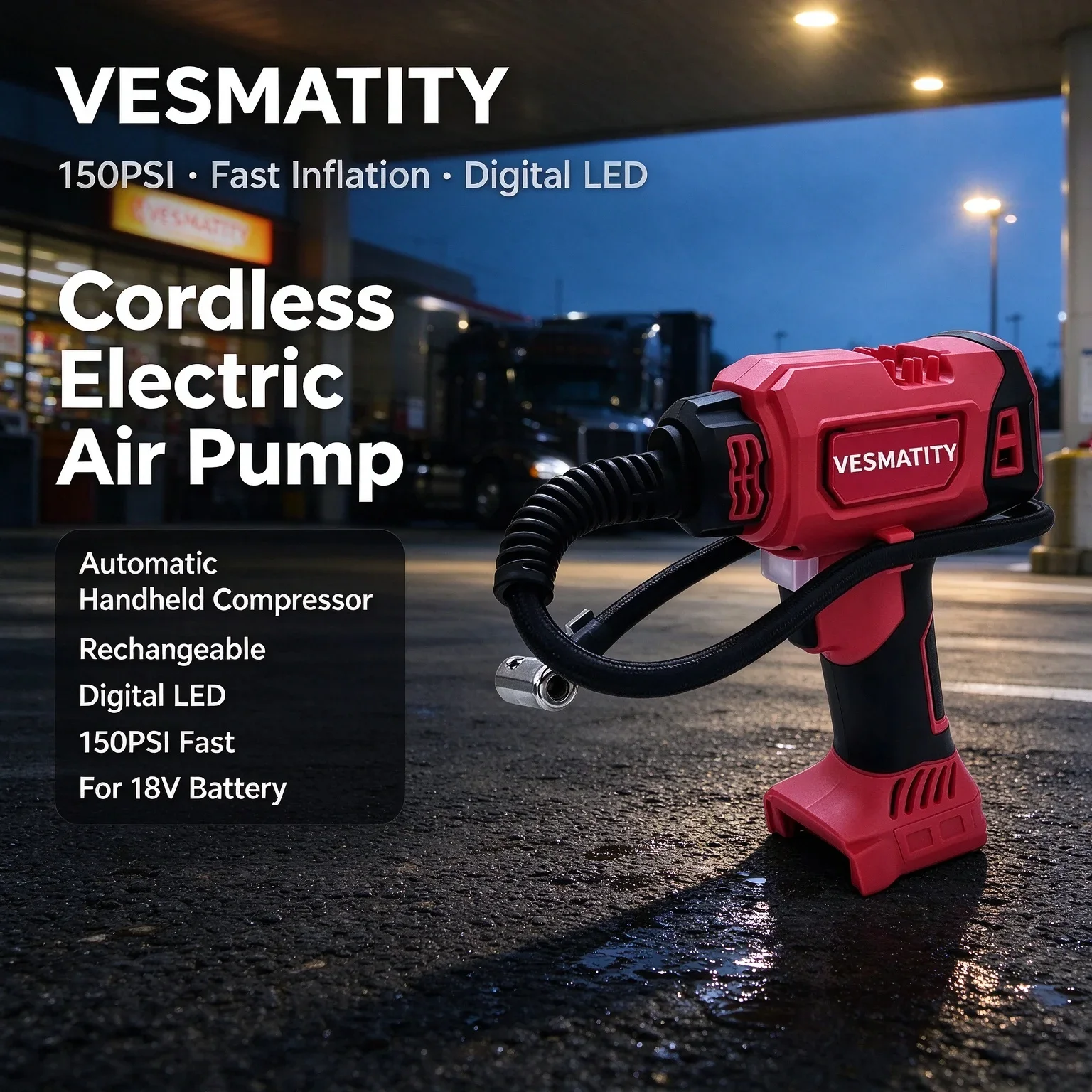Rechargeable Handheld Car Tire Inflator Cordless Electric Air Pump Automatic Compressor Digital LED 150PSI Fast For 18V Battery